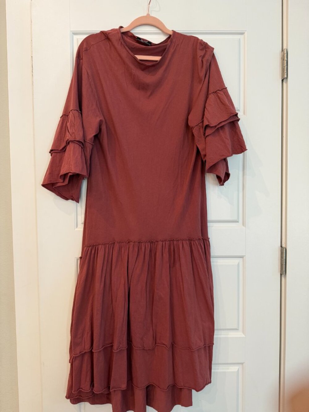 Rust Tiered Ruffle Sleeve Midi Maxi Dress Boho Cottagecore